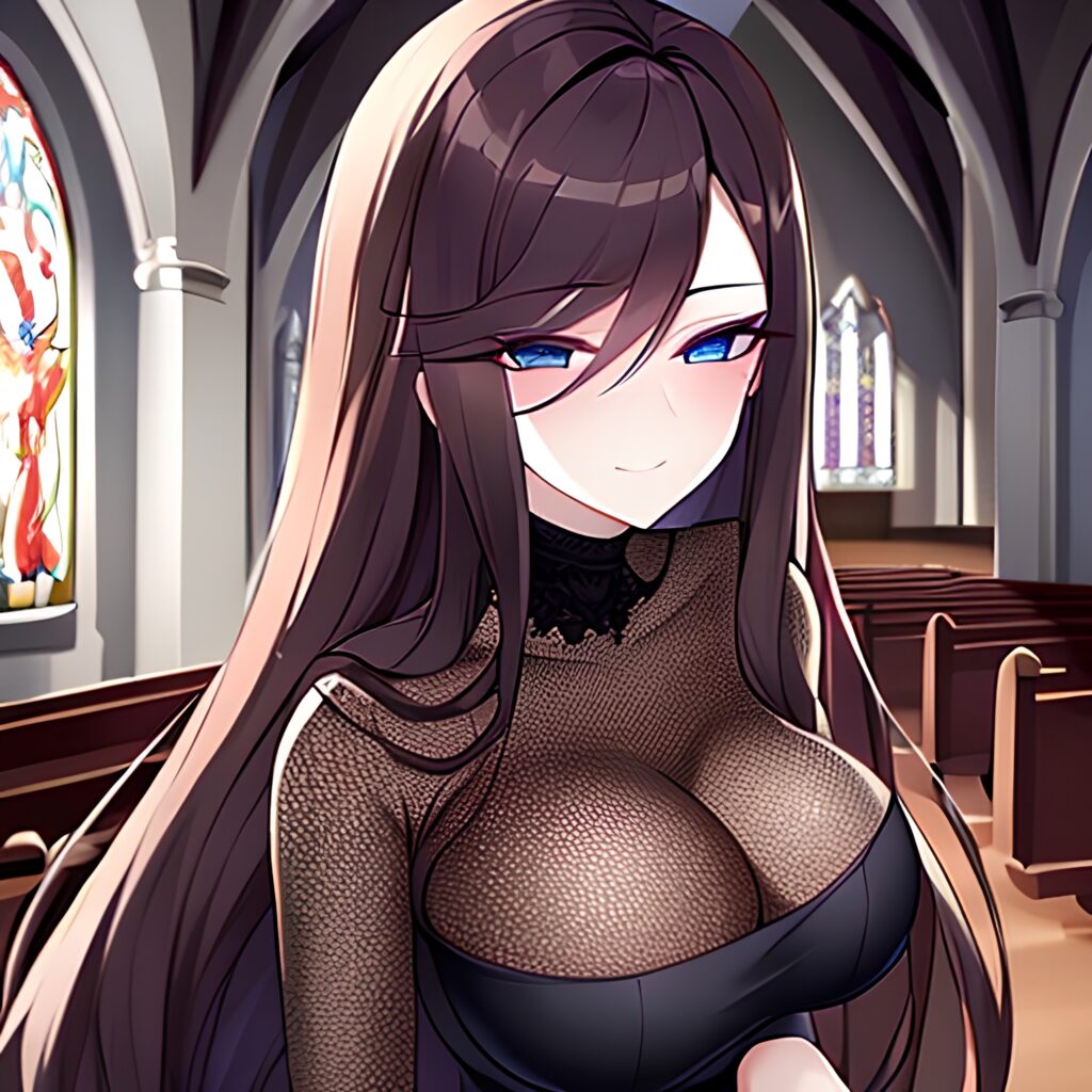 fishnet woman church messy hair brunette long hair