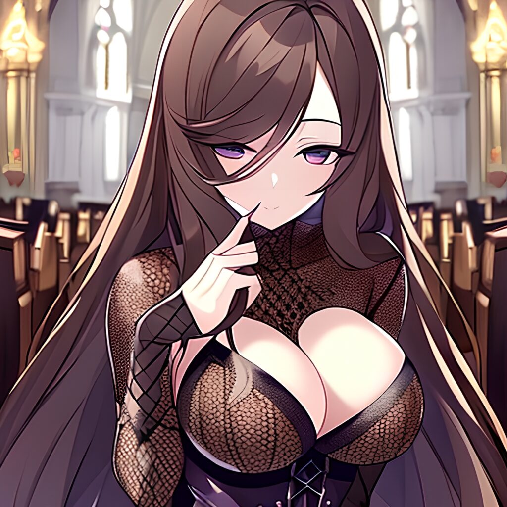 fishnet woman church messy hair brunette long hair