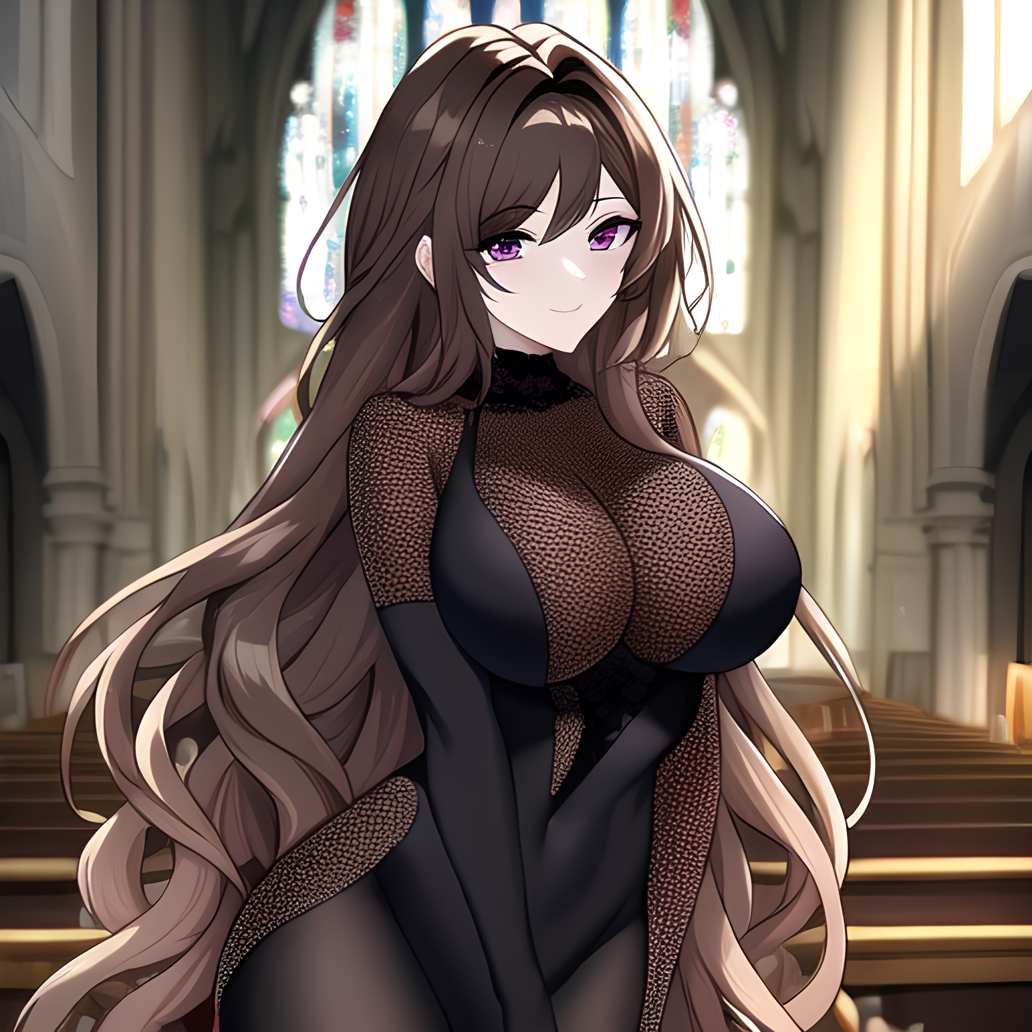 fishnet woman church messy hair brunette long hair 