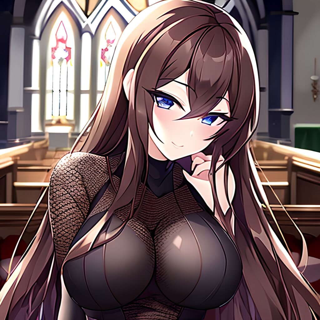 fishnet woman church messy hair long hair brunette 