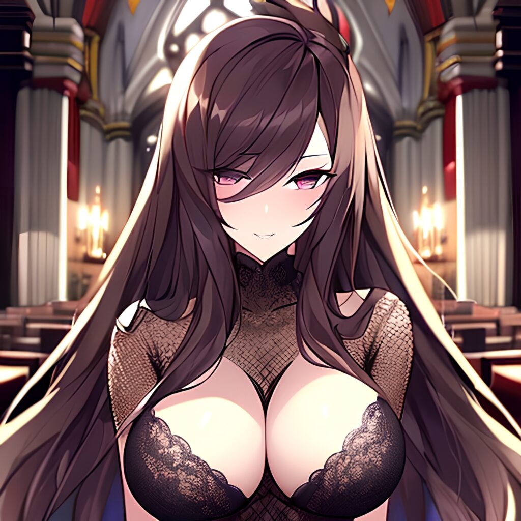 fishnet woman church messy hair long hair brunette
