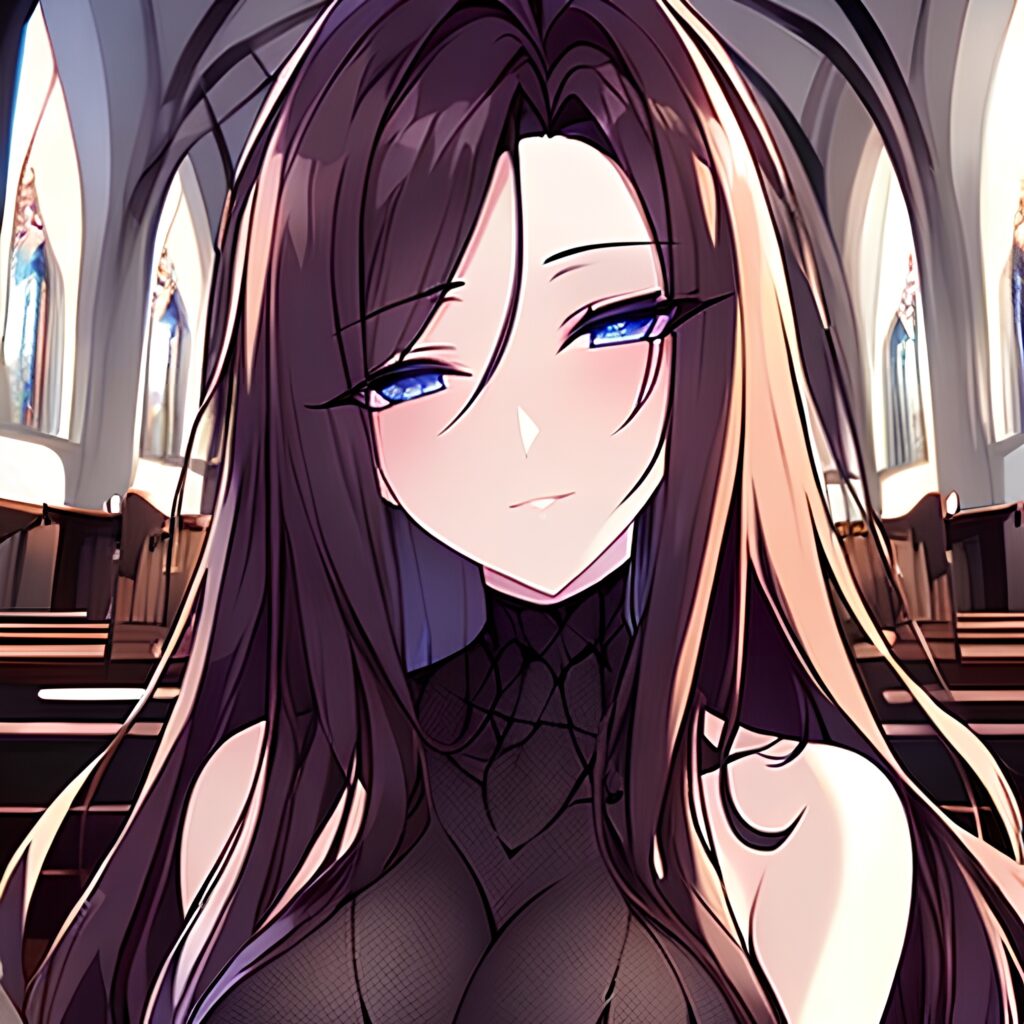 fishnet woman church messy hair long hair brunette