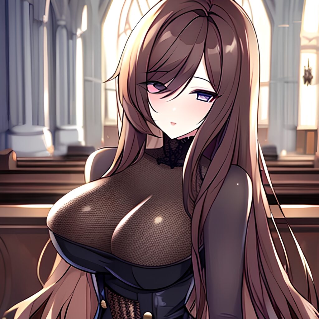 fishnet woman church messy hair long hair brunette