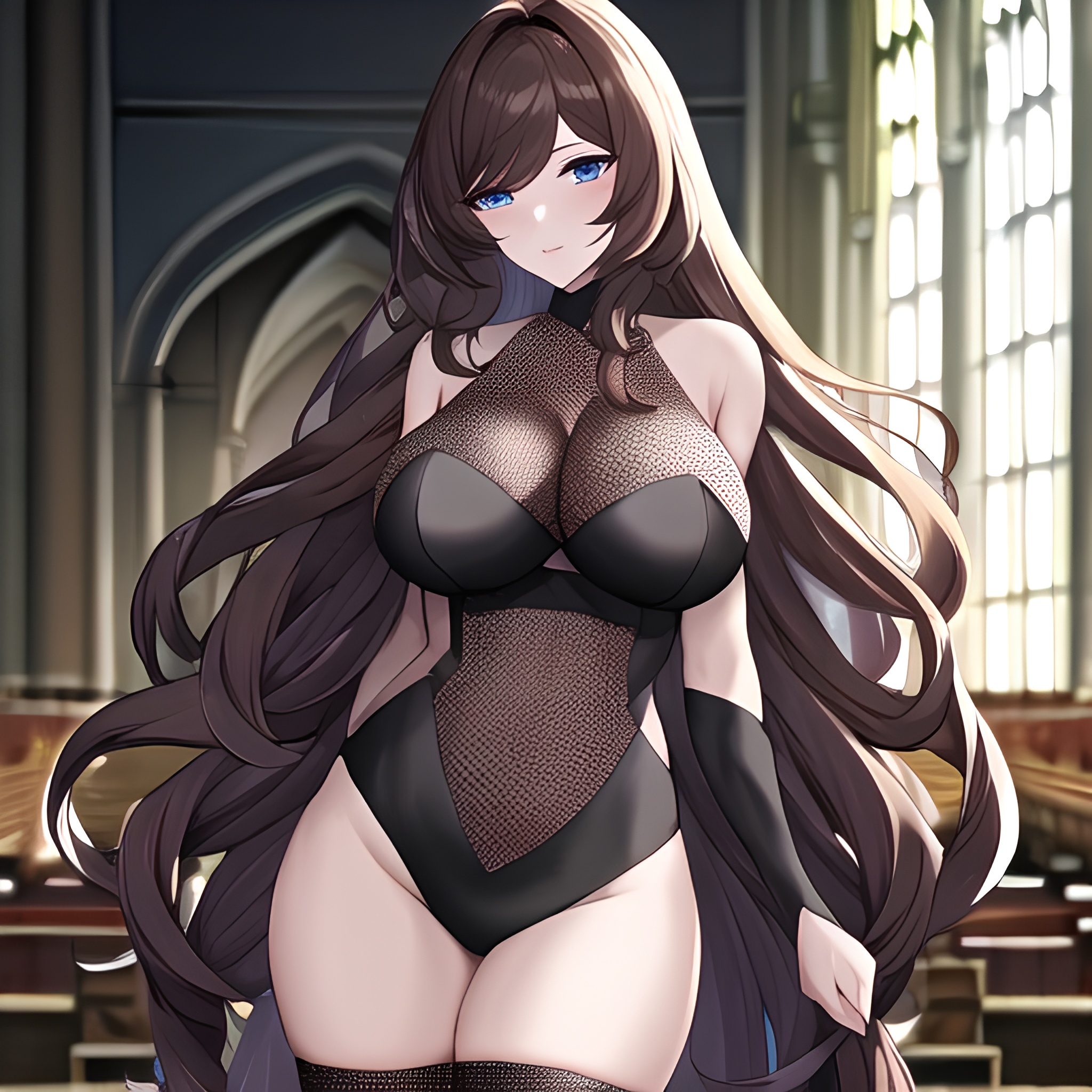 fishnet woman church messy hair long hair brunette