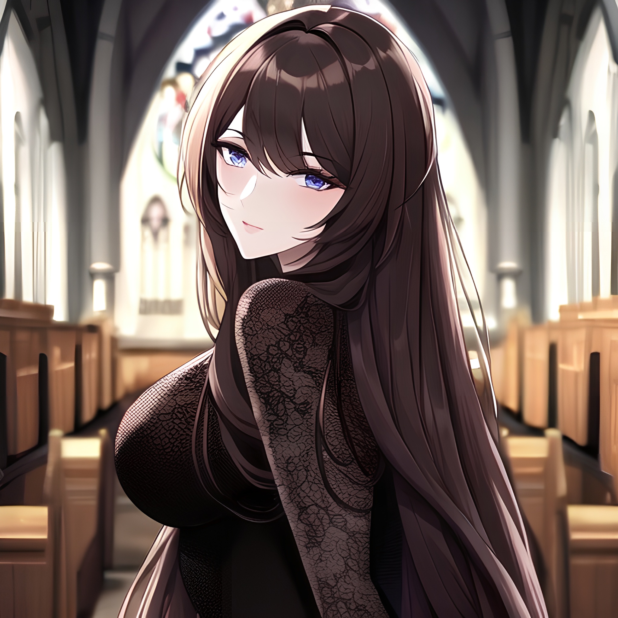 fishnet woman long hair brunette church messy hair