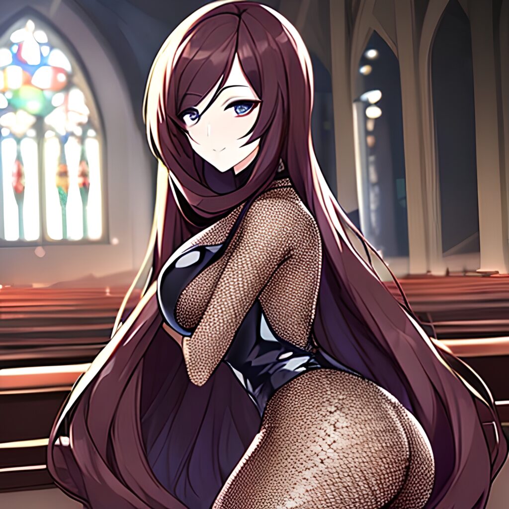 fishnet woman long hair brunette church messy hair