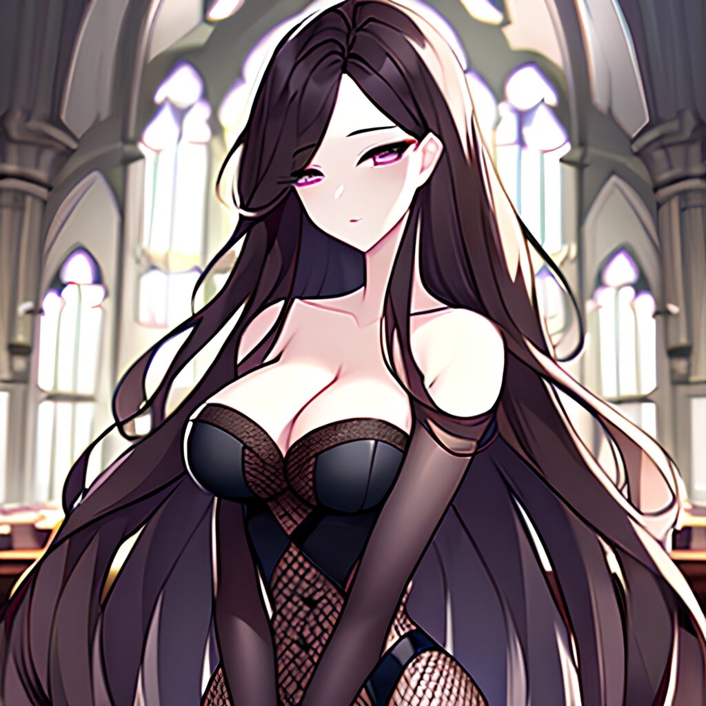 fishnet woman long hair brunette church messy hair 