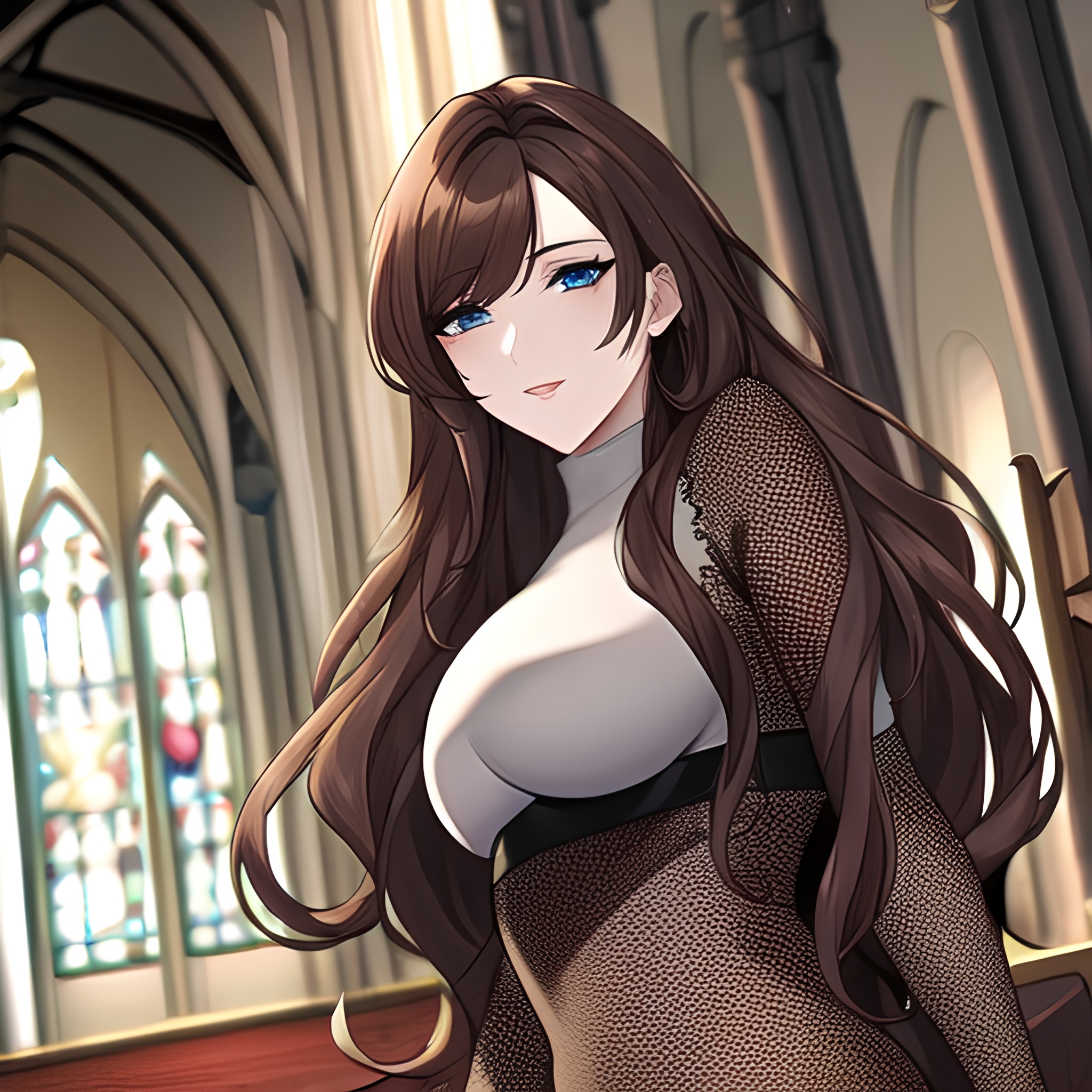 fishnet woman long hair brunette messy hair church 