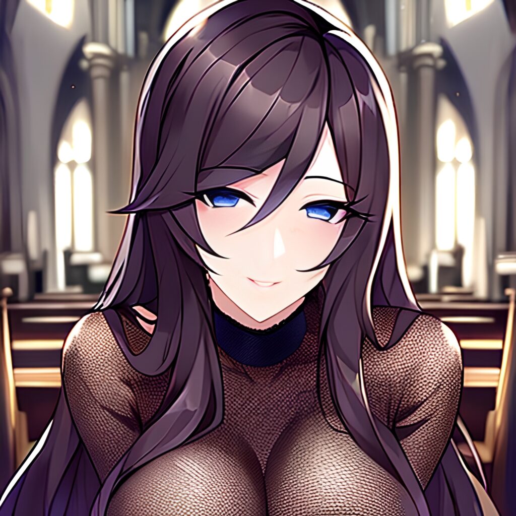 fishnet woman long hair brunette messy hair church 