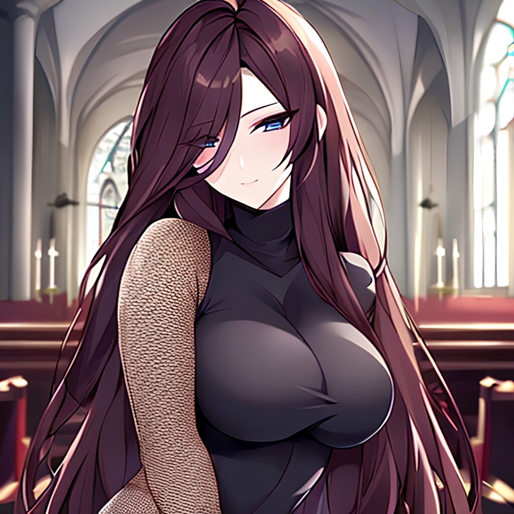 fishnet woman long hair brunette messy hair church