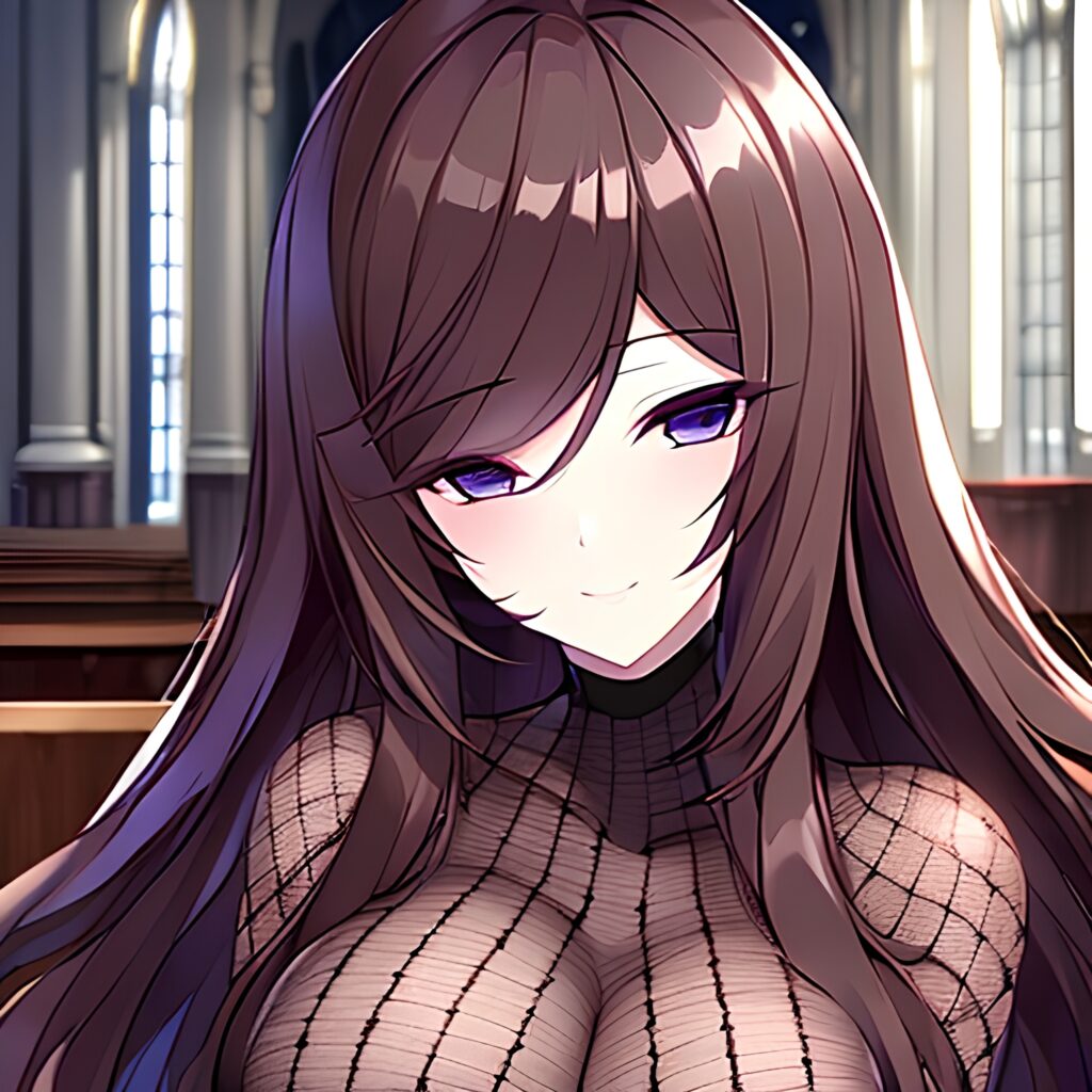 fishnet woman long hair brunette messy hair church 