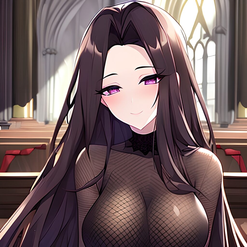 fishnet woman long hair church brunette messy hair
