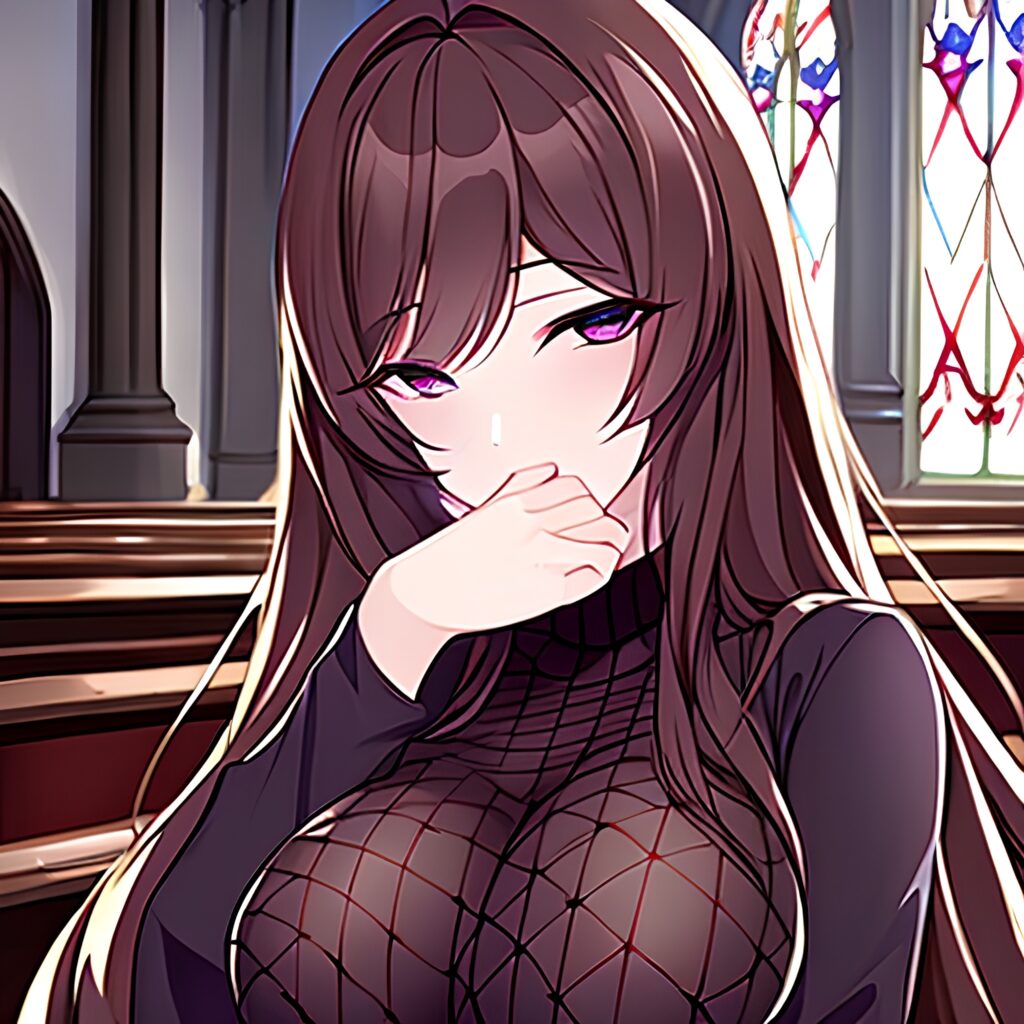 fishnet woman long hair church messy hair brunette 