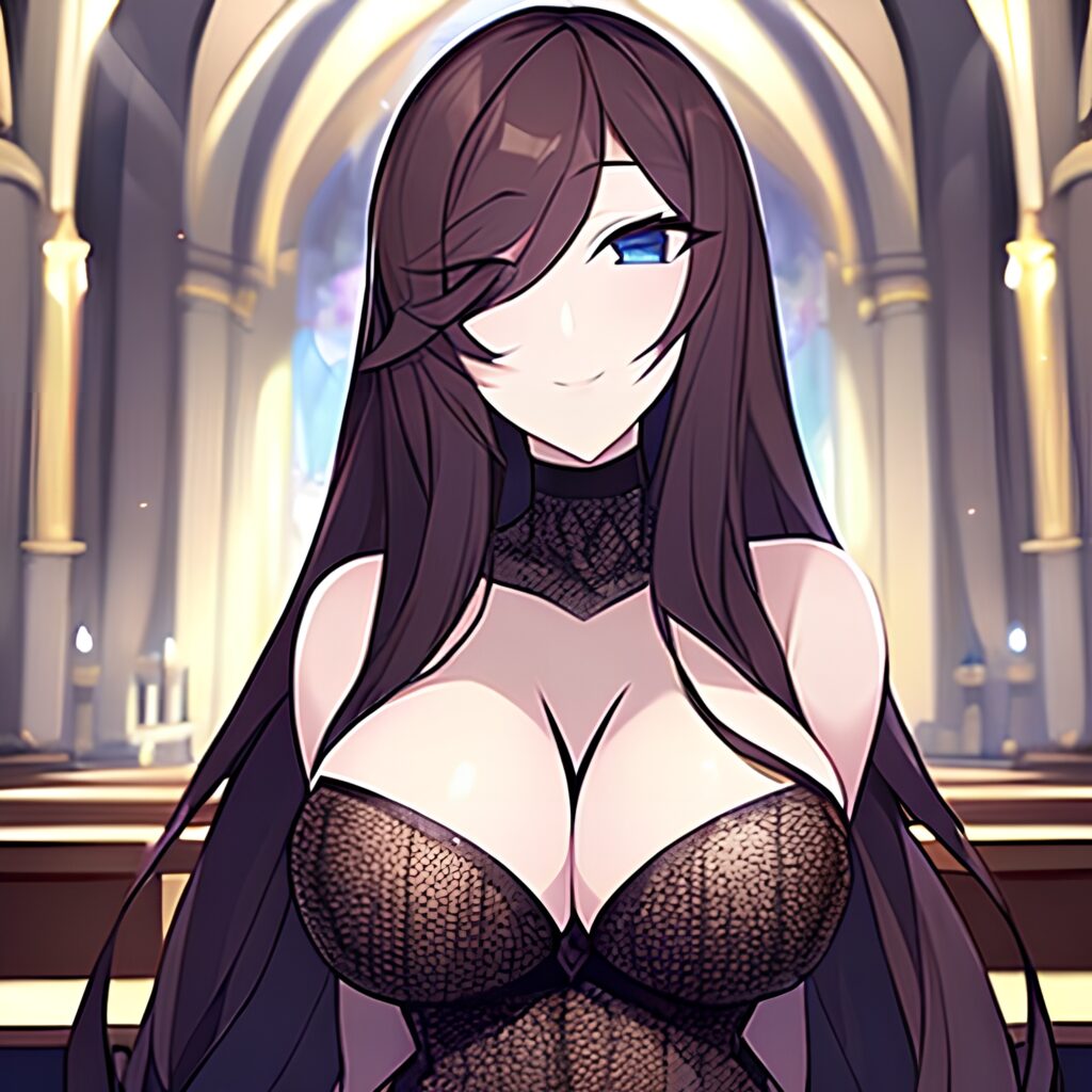 fishnet woman long hair church messy hair brunette 