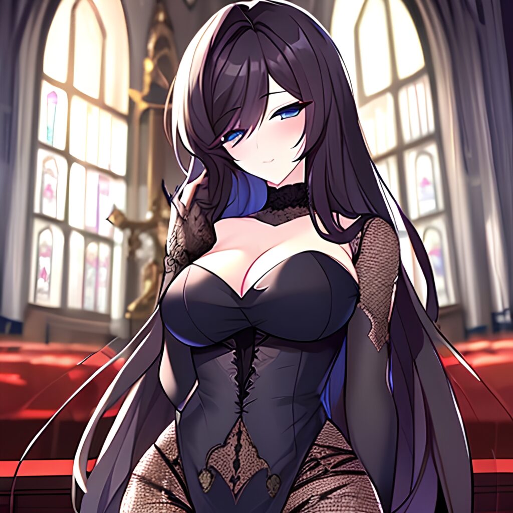 fishnet woman long hair messy hair brunette church
