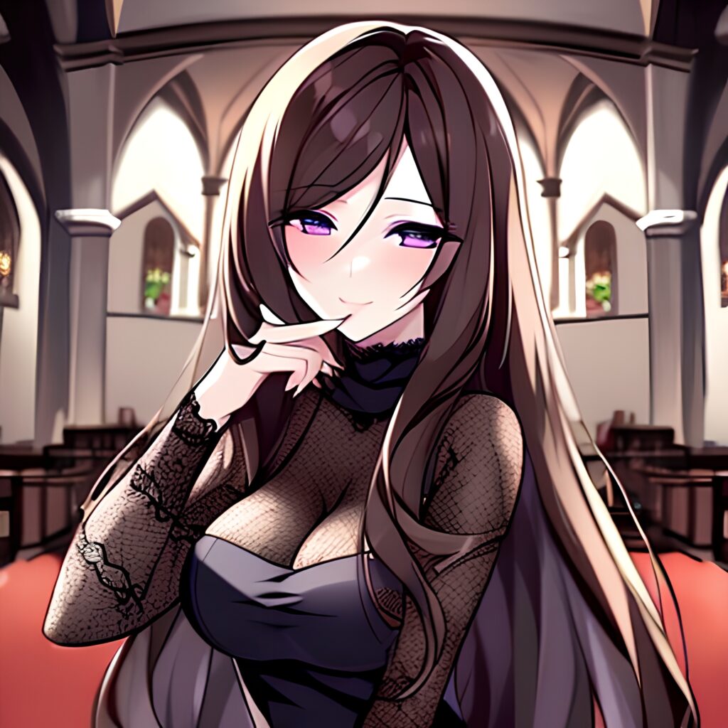 fishnet woman long hair messy hair brunette church 