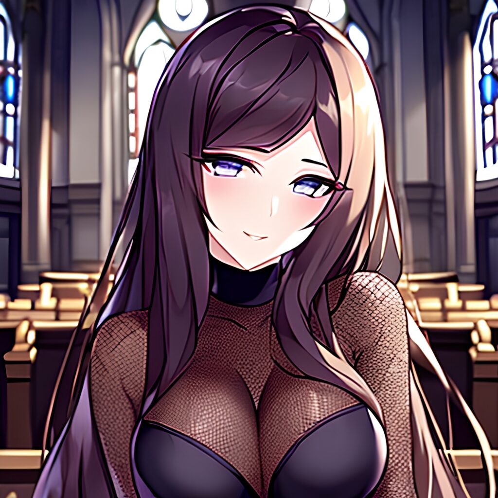 fishnet woman long hair messy hair brunette church