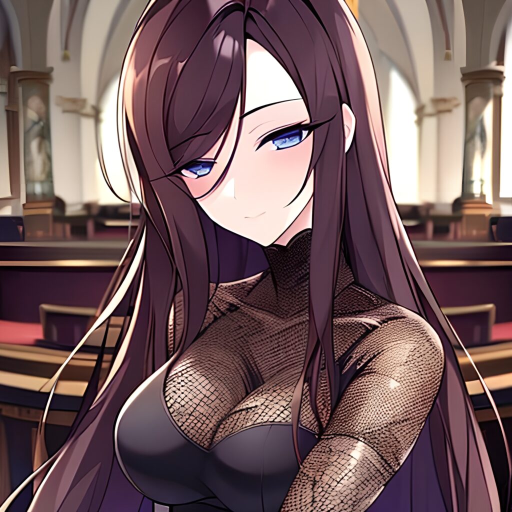 fishnet woman long hair messy hair brunette church