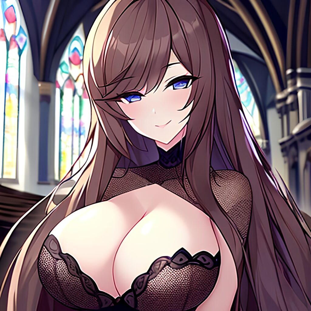 fishnet woman long hair messy hair brunette church 