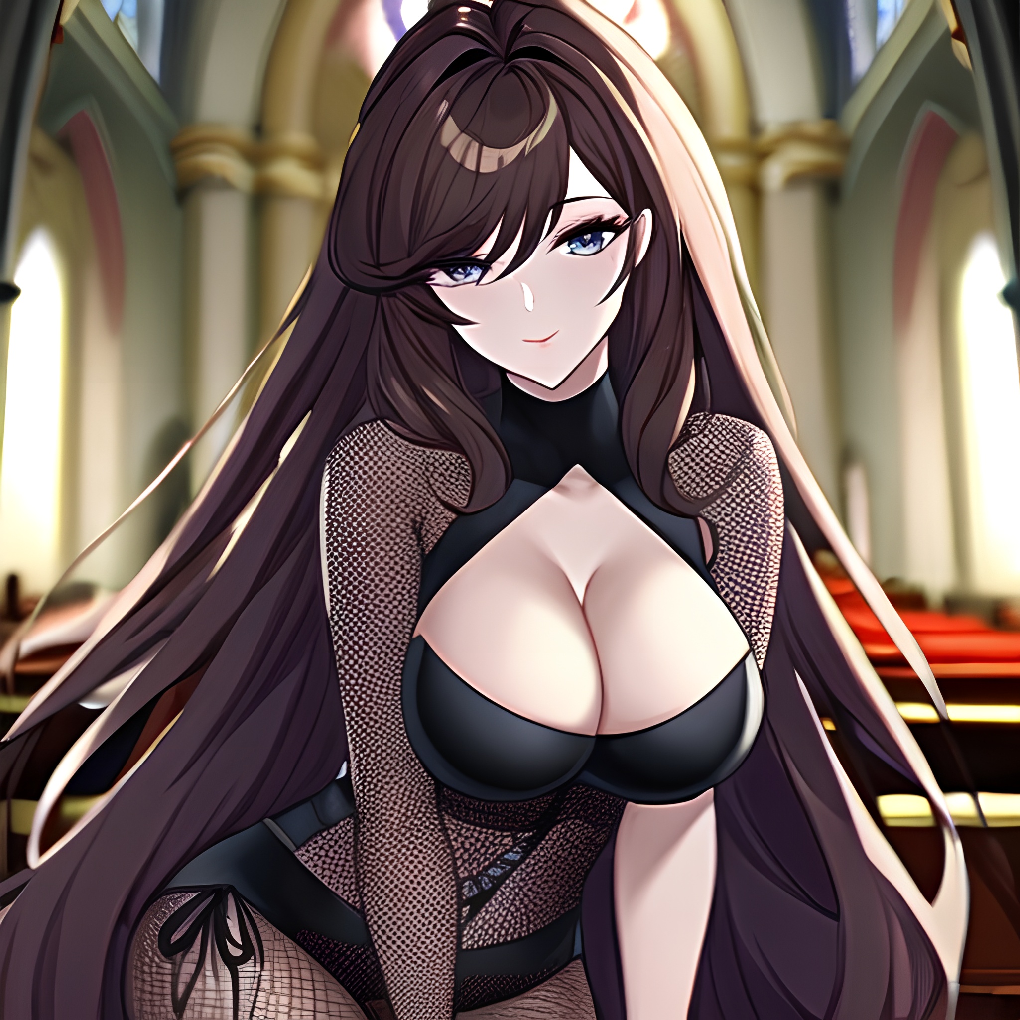 fishnet woman long hair messy hair church brunette