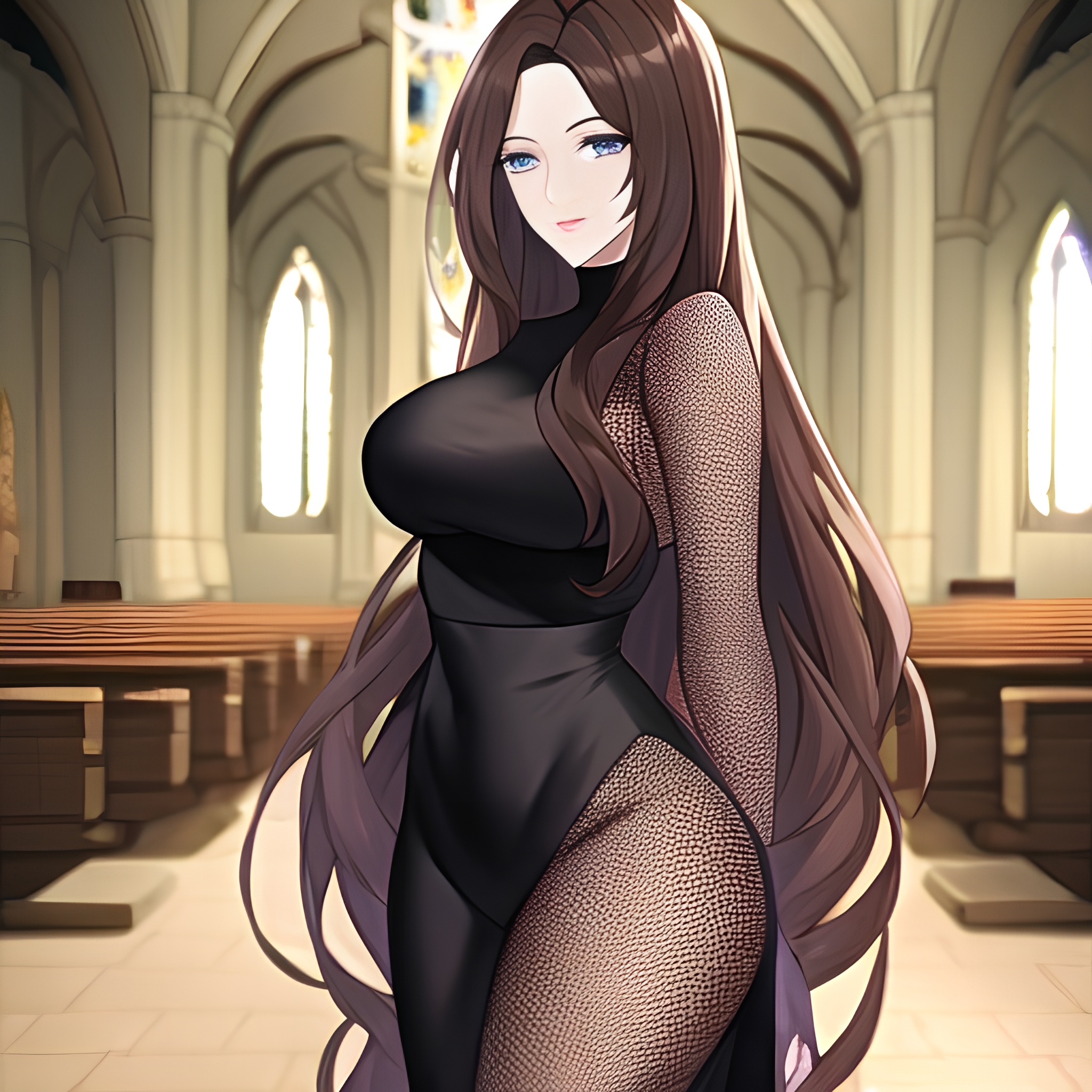 fishnet woman long hair messy hair church brunette 