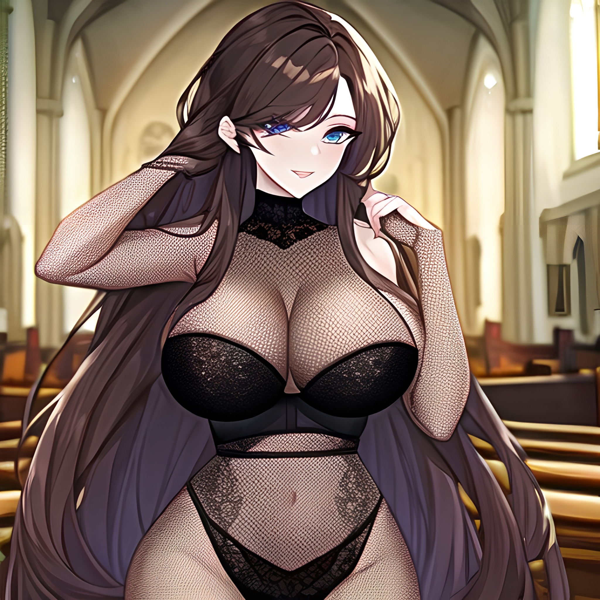 fishnet woman messy hair brunette church long hair 