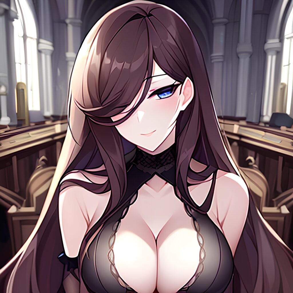 fishnet woman messy hair brunette church long hair
