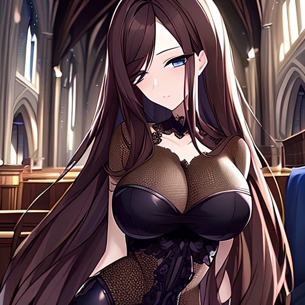 fishnet woman messy hair brunette long hair church