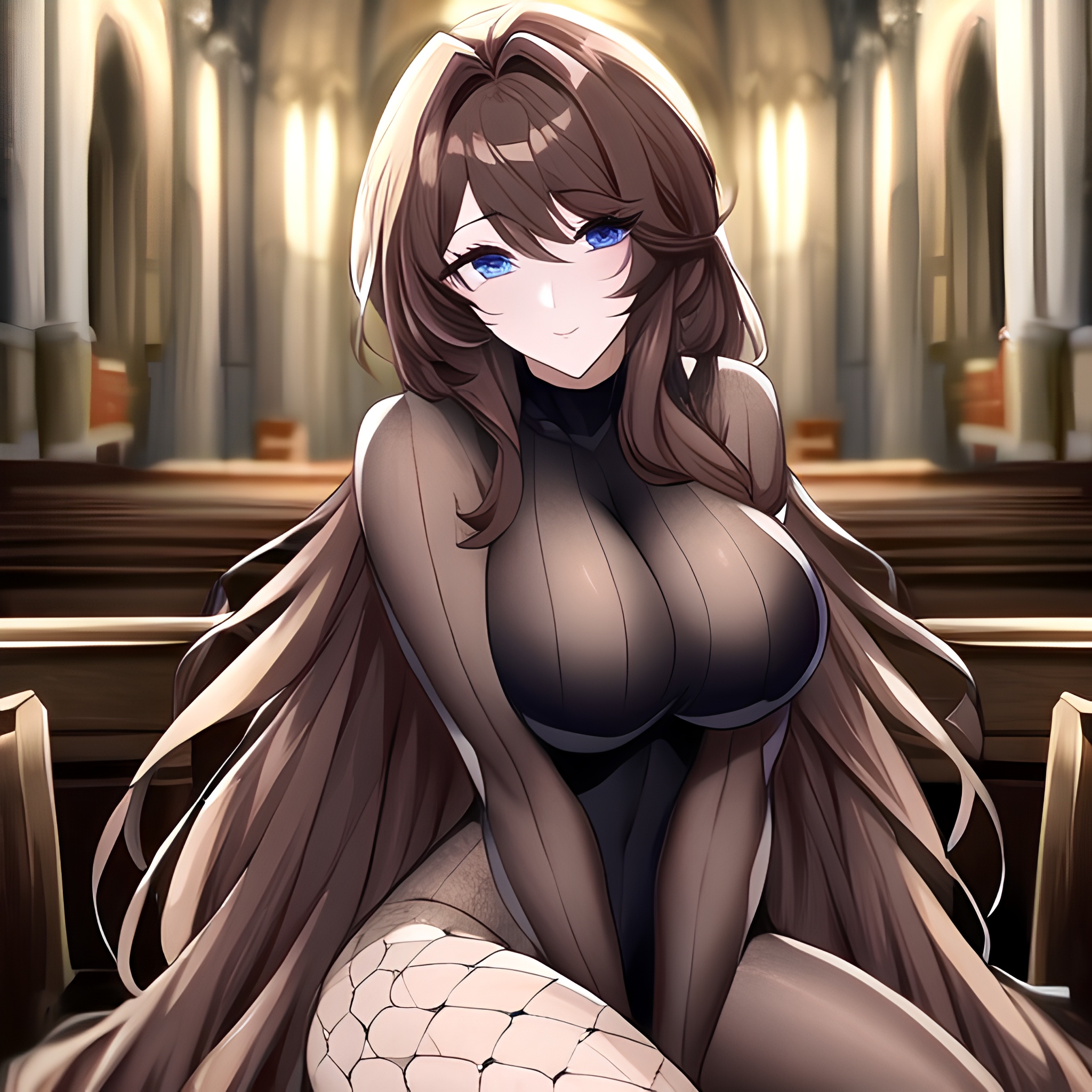 fishnet woman messy hair brunette long hair church 