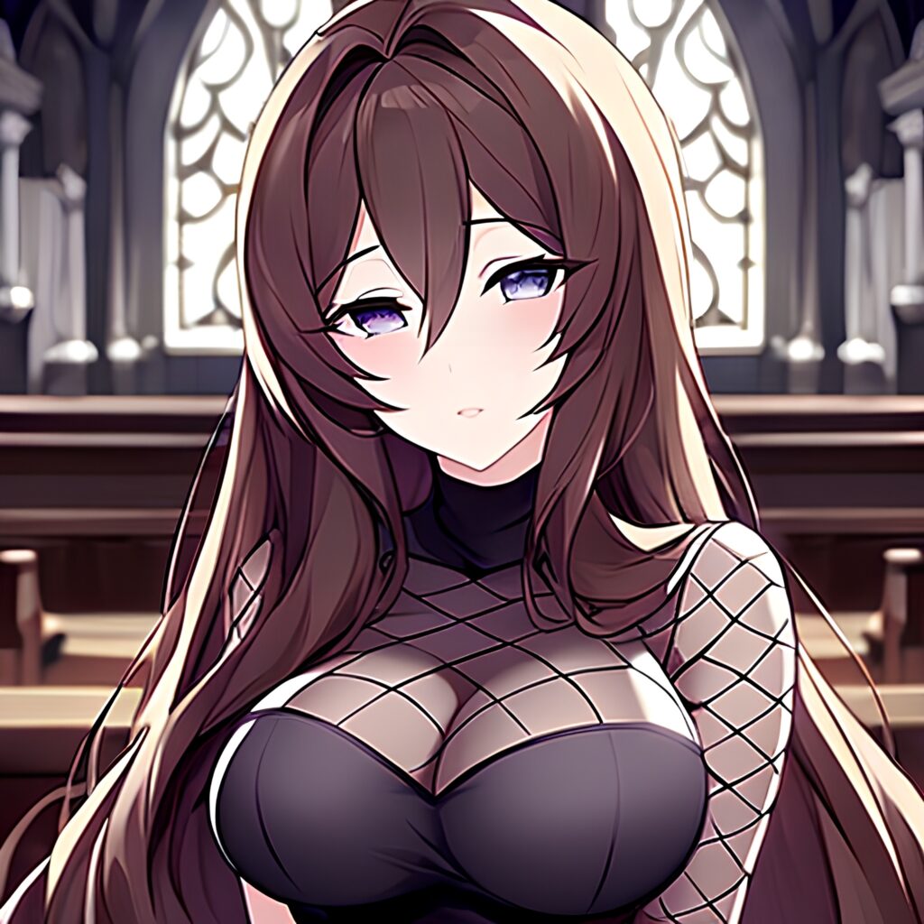 fishnet woman messy hair brunette long hair church 