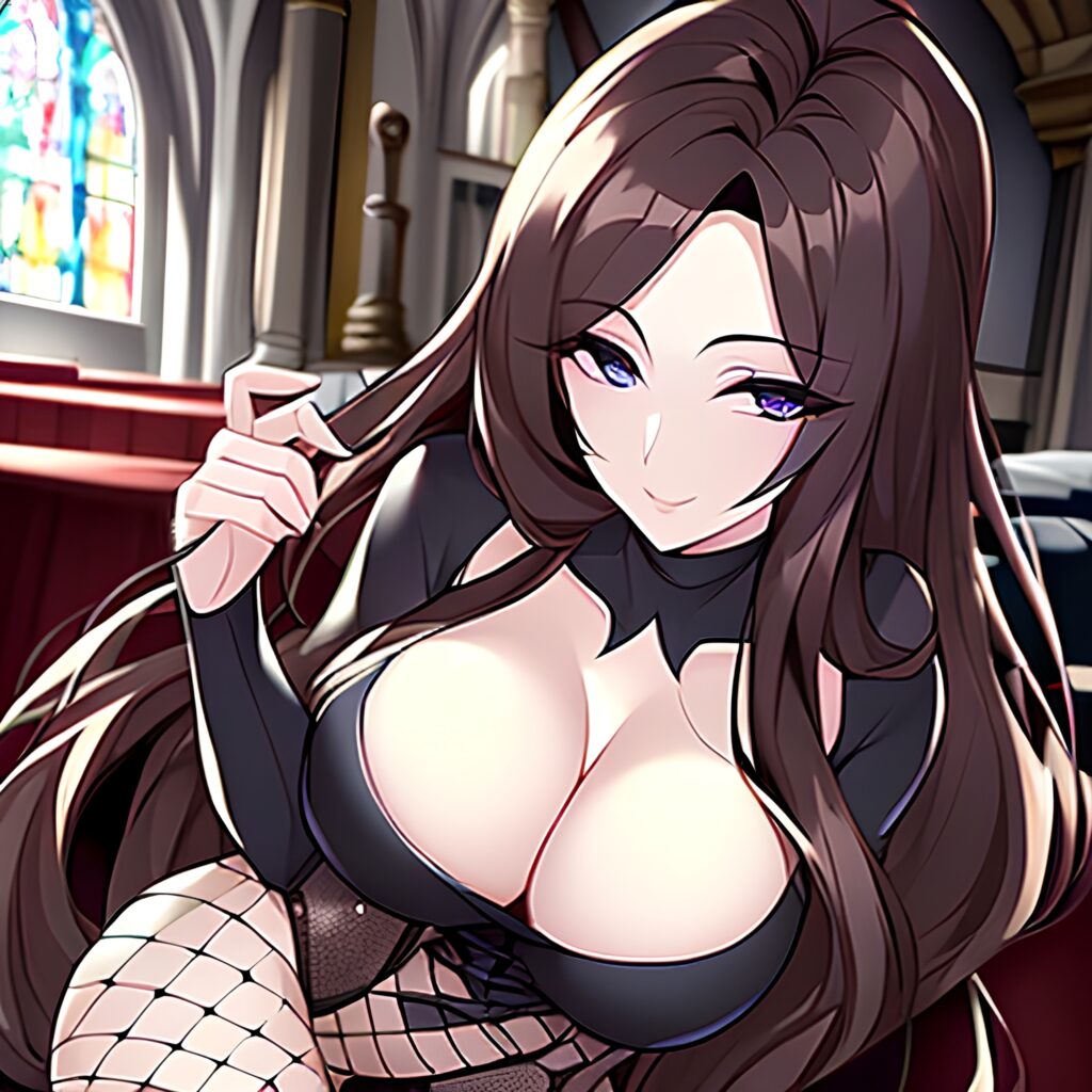 fishnet woman messy hair brunette long hair church 