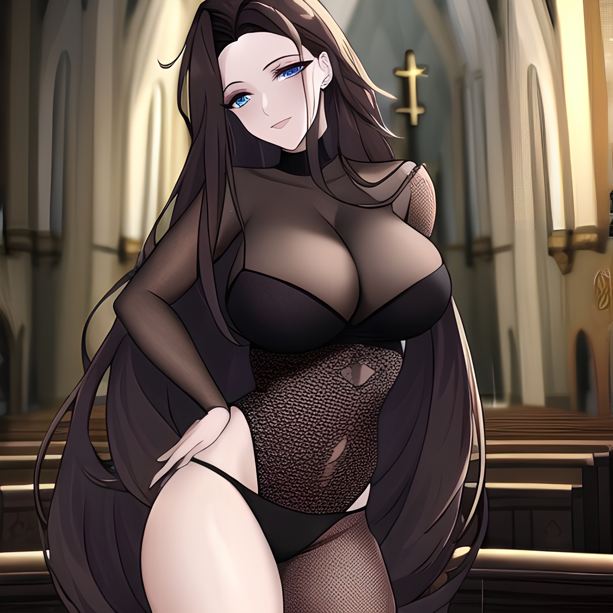 fishnet woman messy hair brunette long hair church 