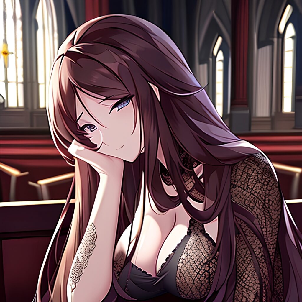 fishnet woman messy hair brunette long hair church 