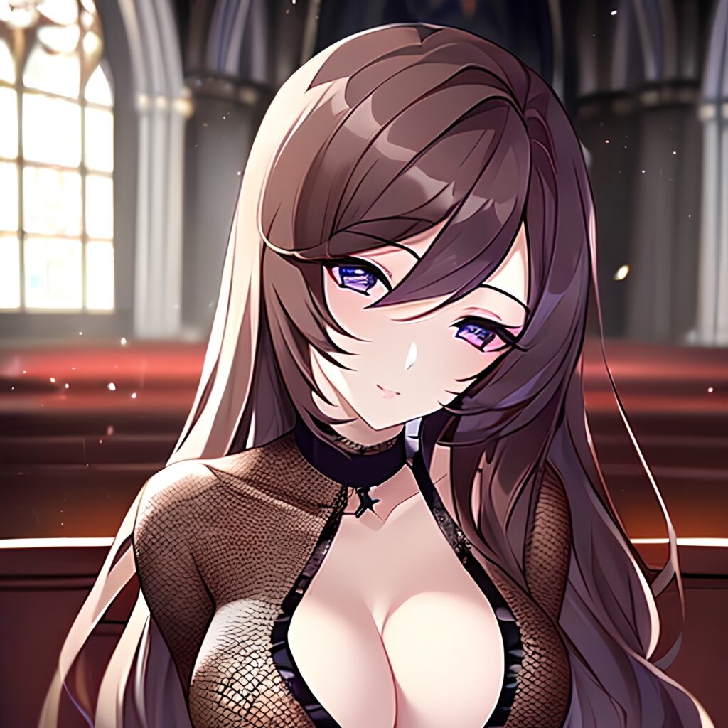 fishnet woman messy hair church brunette long hair 