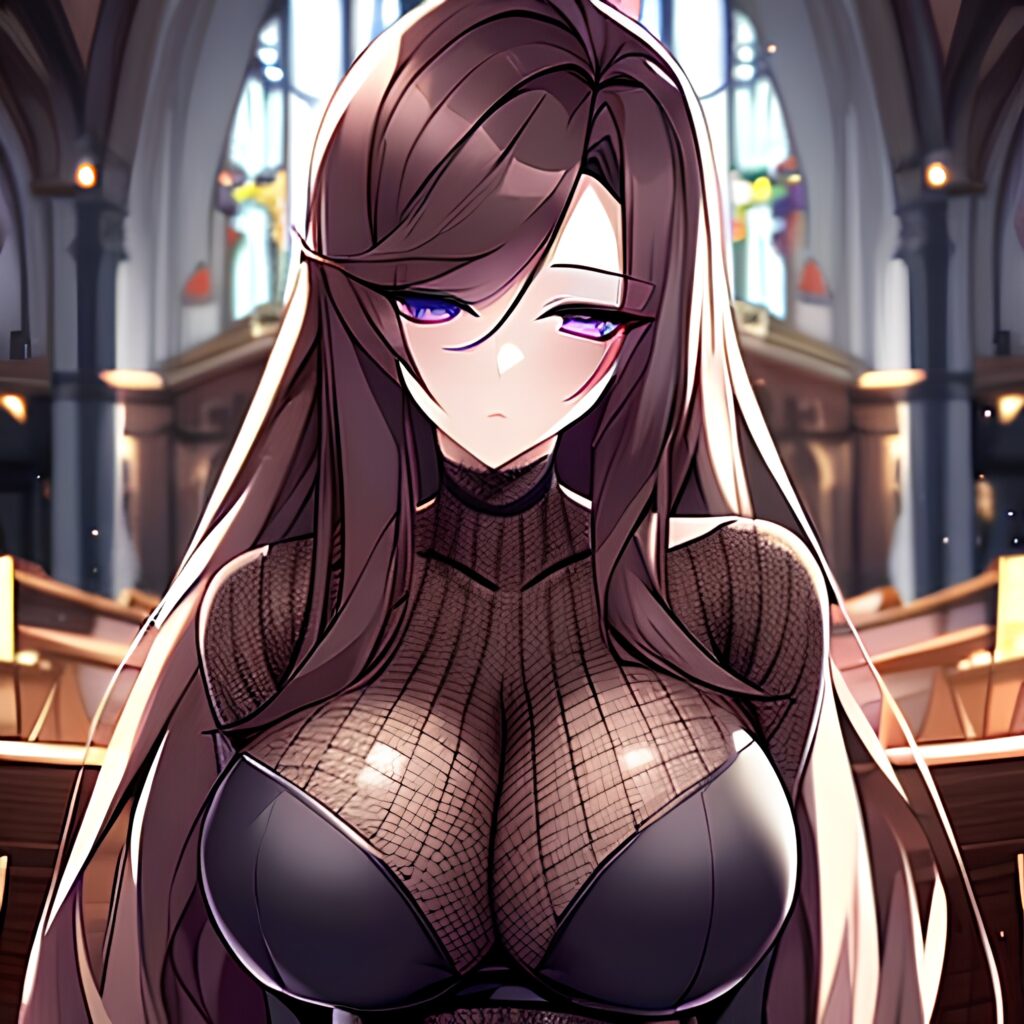 fishnet woman messy hair church brunette long hair 