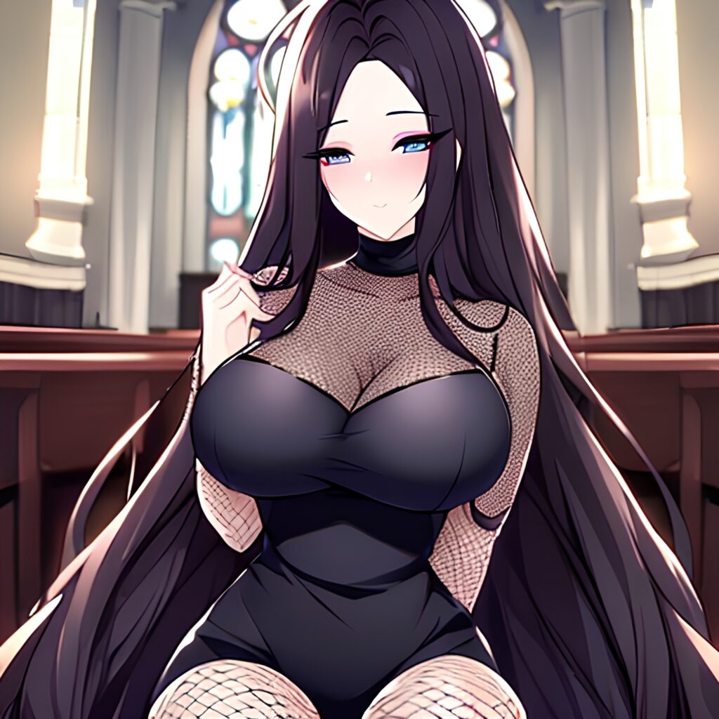 fishnet woman messy hair church brunette long hair