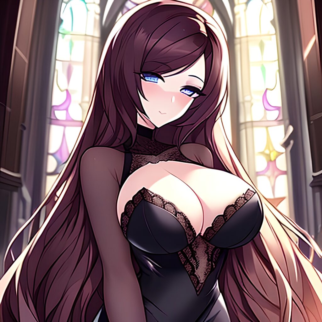 fishnet woman messy hair church long hair brunette