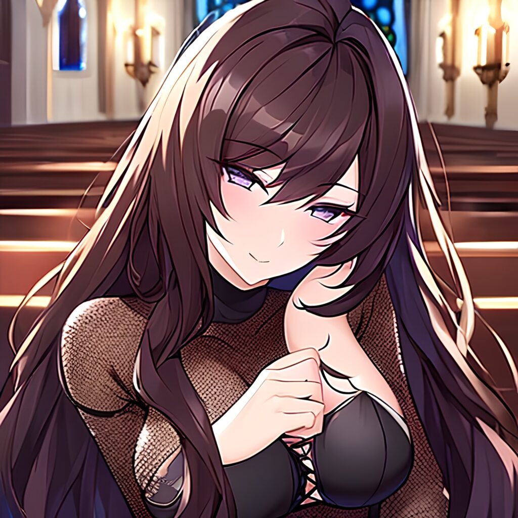 fishnet woman messy hair church long hair brunette