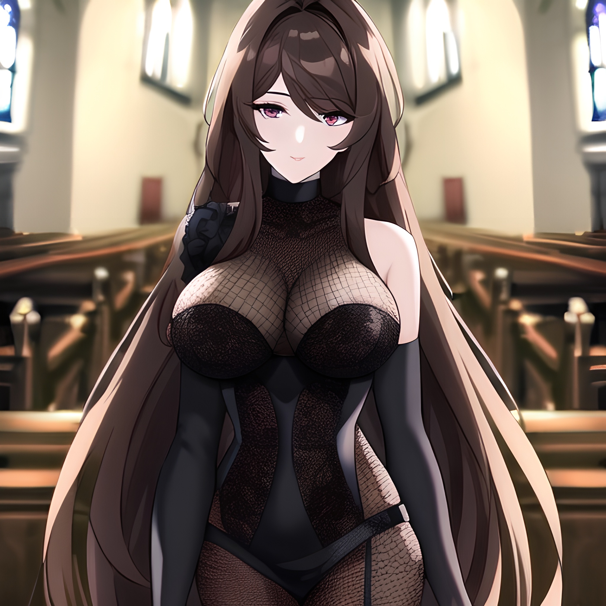 fishnet woman messy hair long hair brunette church 