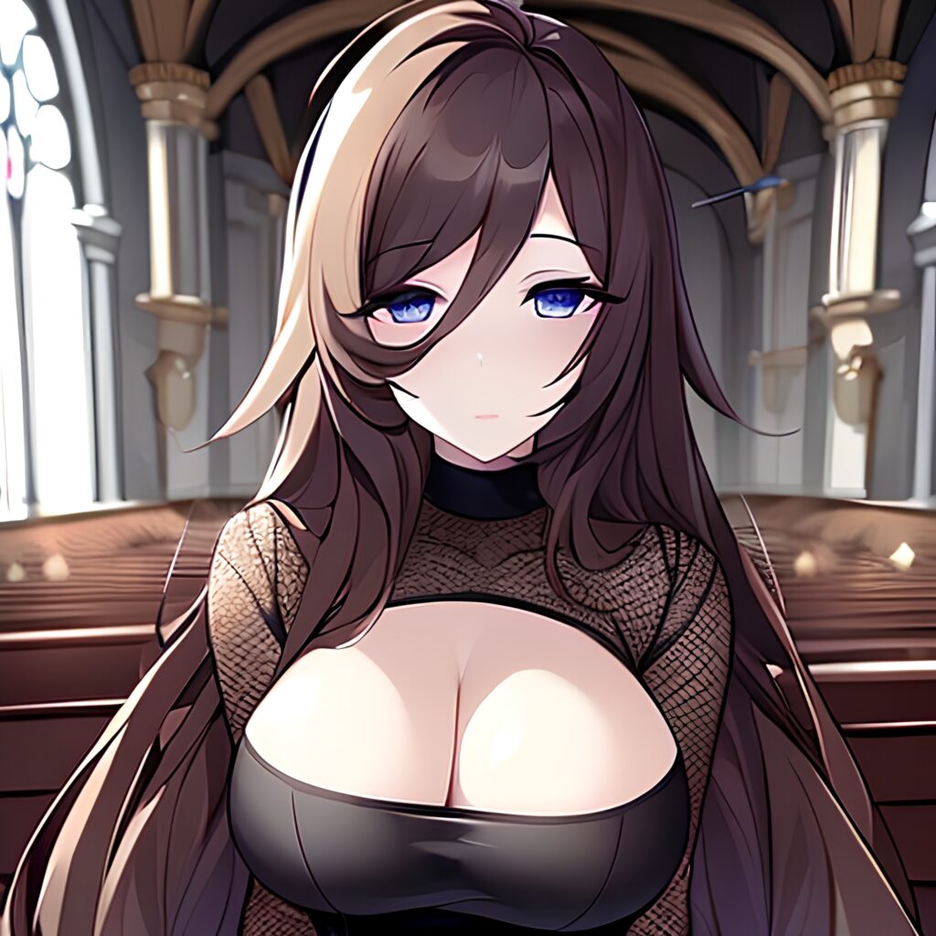 fishnet woman messy hair long hair brunette church
