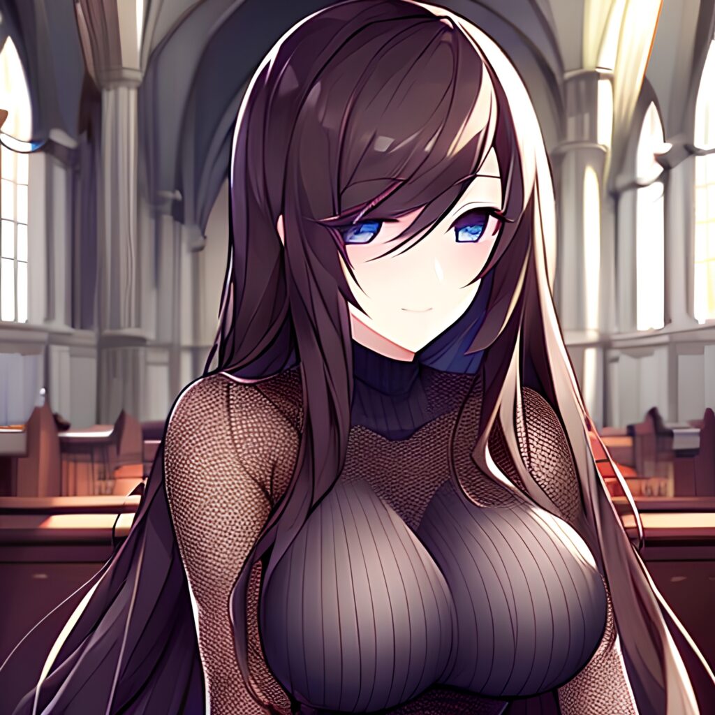 fishnet woman messy hair long hair church brunette 