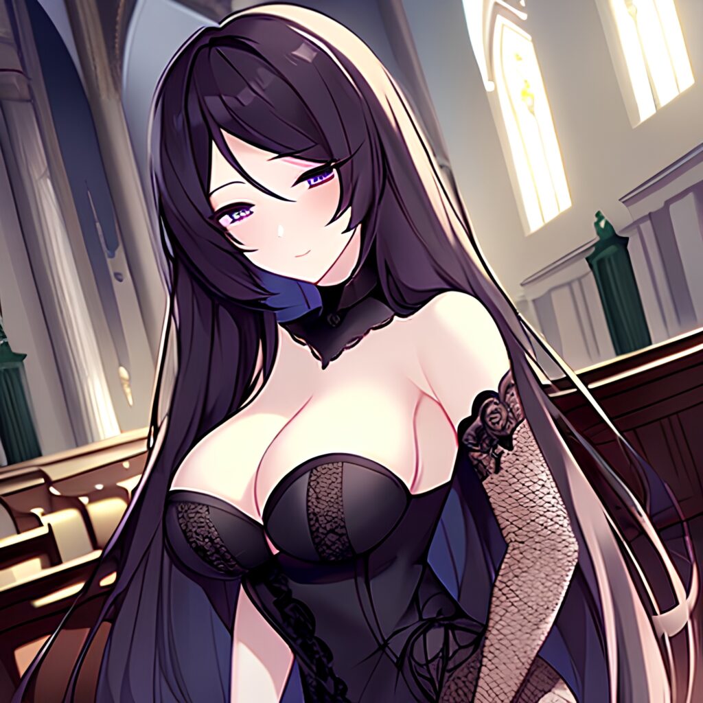 fishnet woman messy hair long hair church brunette