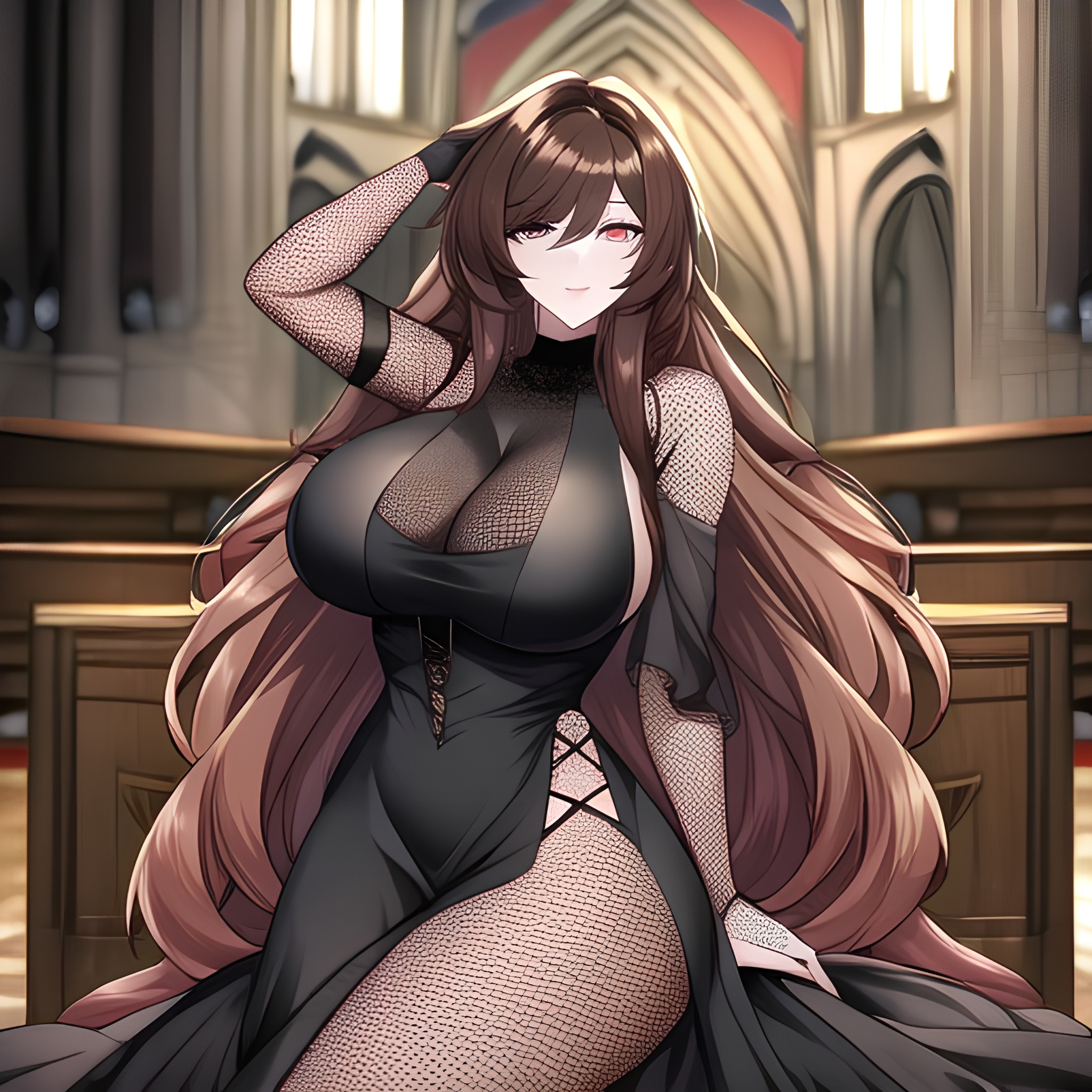 fishnet woman messy hair long hair church brunette 