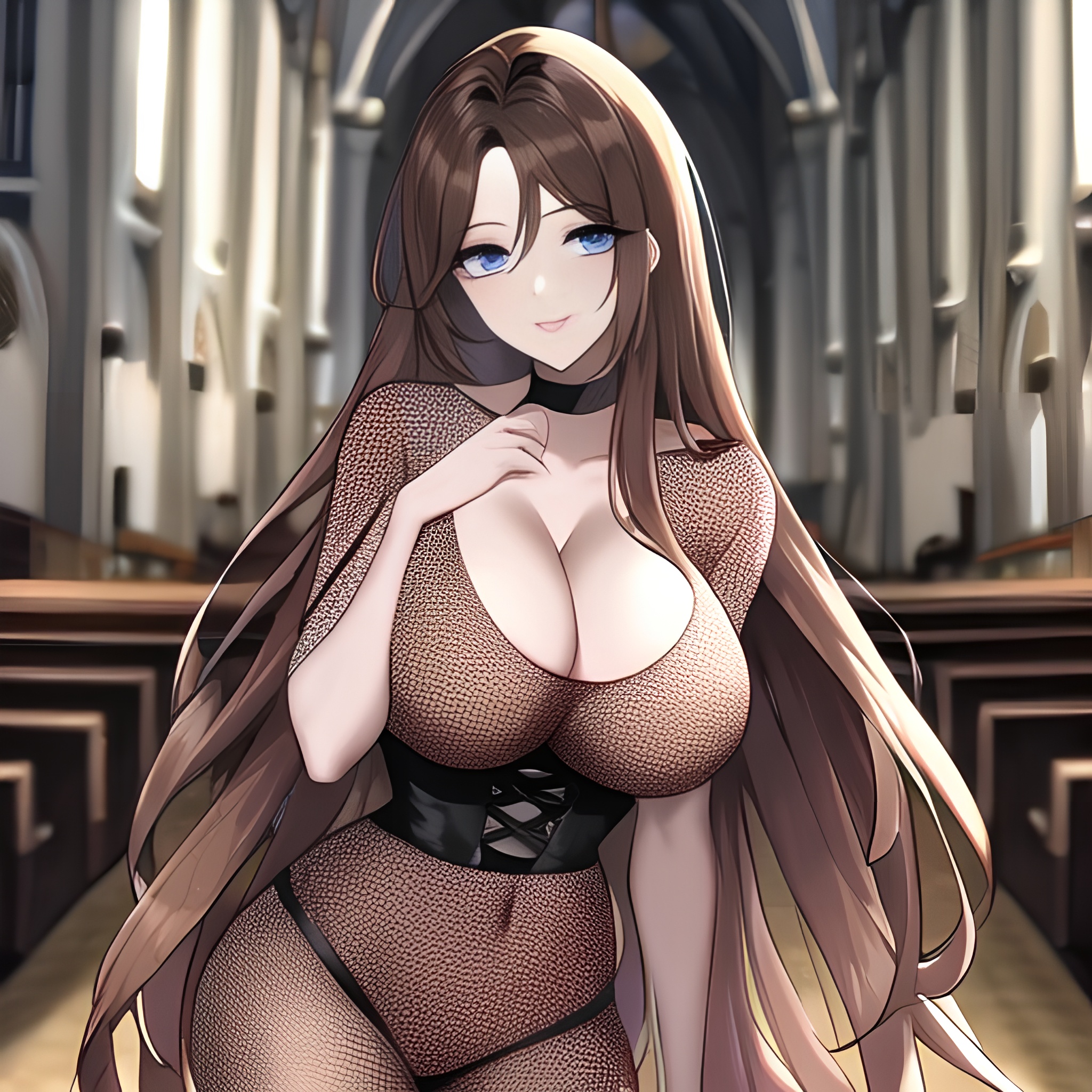 fishnet woman messy hair long hair church brunette