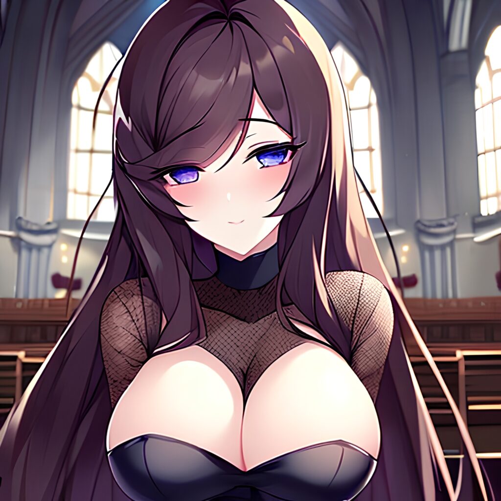 fishnet woman messy hair long hair church brunette