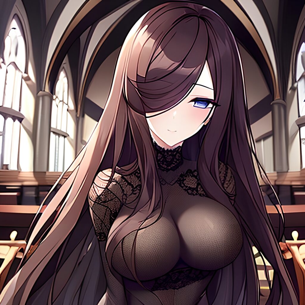 fishnet woman messy hair long hair church brunette