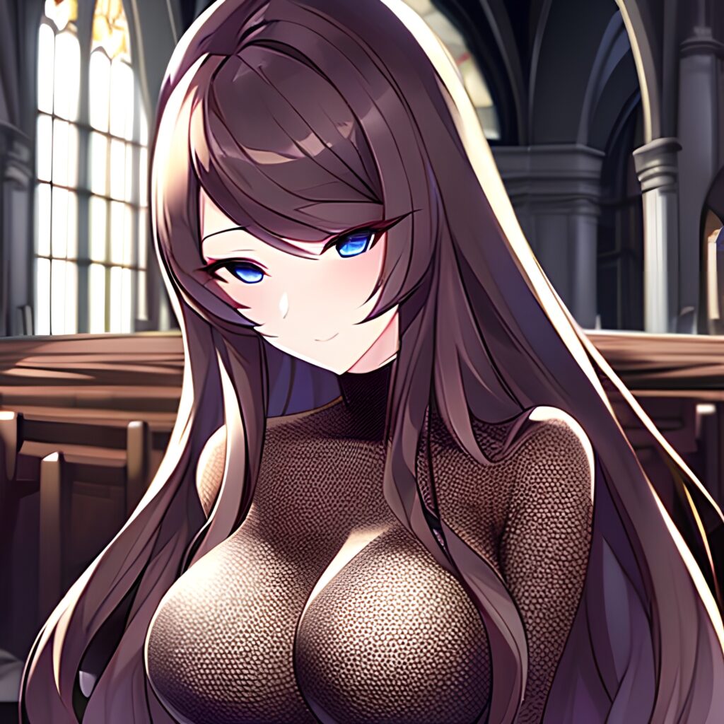 long hair brunette church fishnet messy hair woman