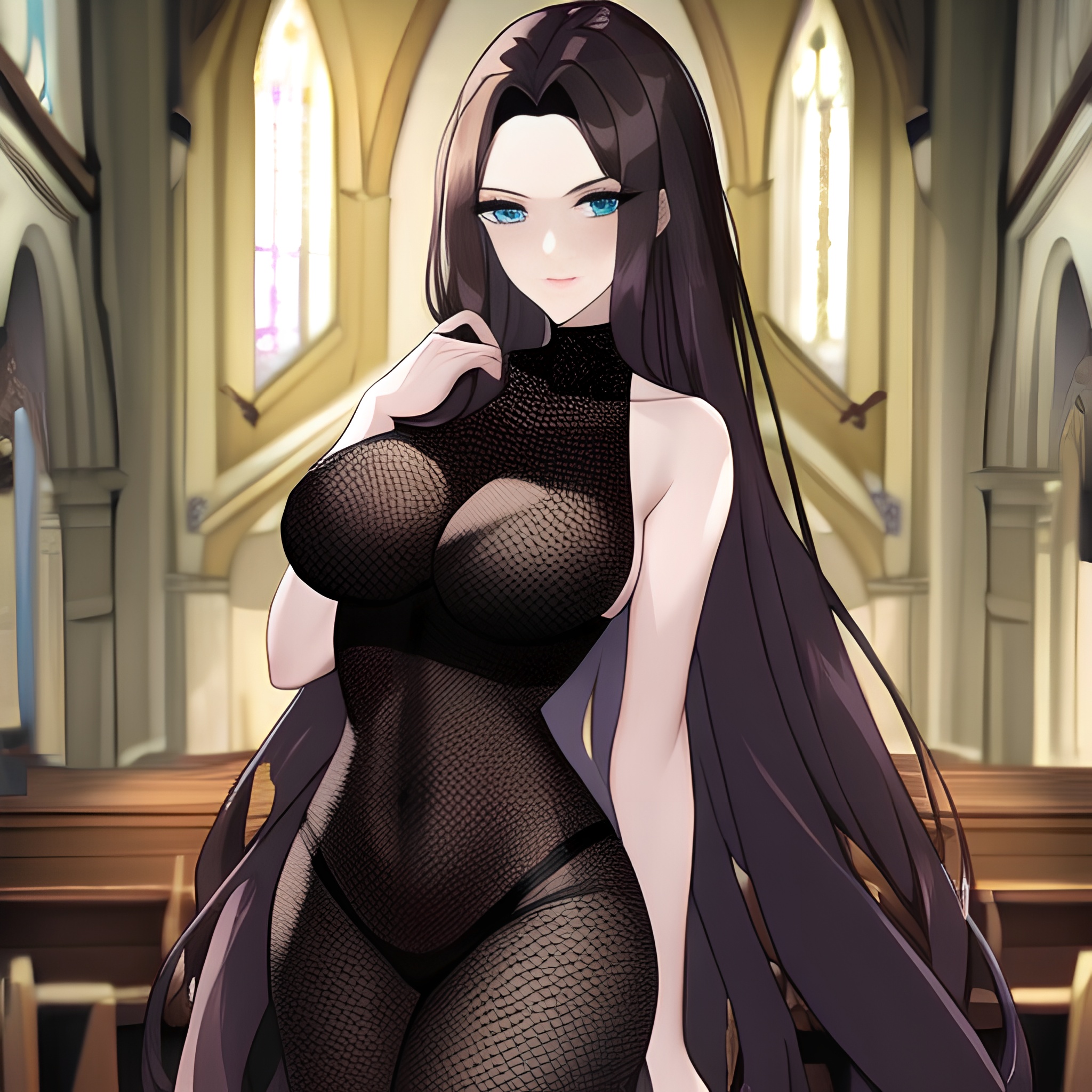 long hair brunette church fishnet messy hair woman