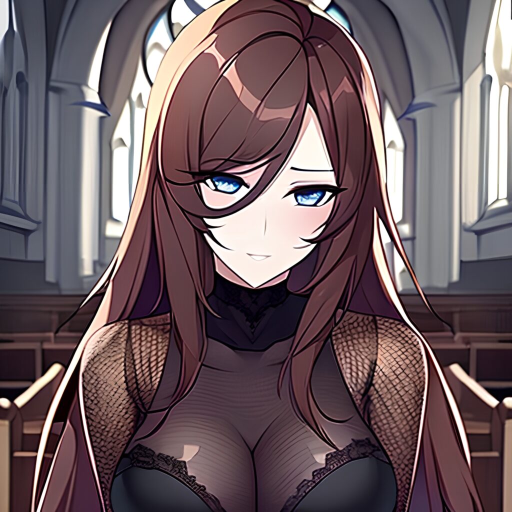 long hair brunette church fishnet messy hair woman