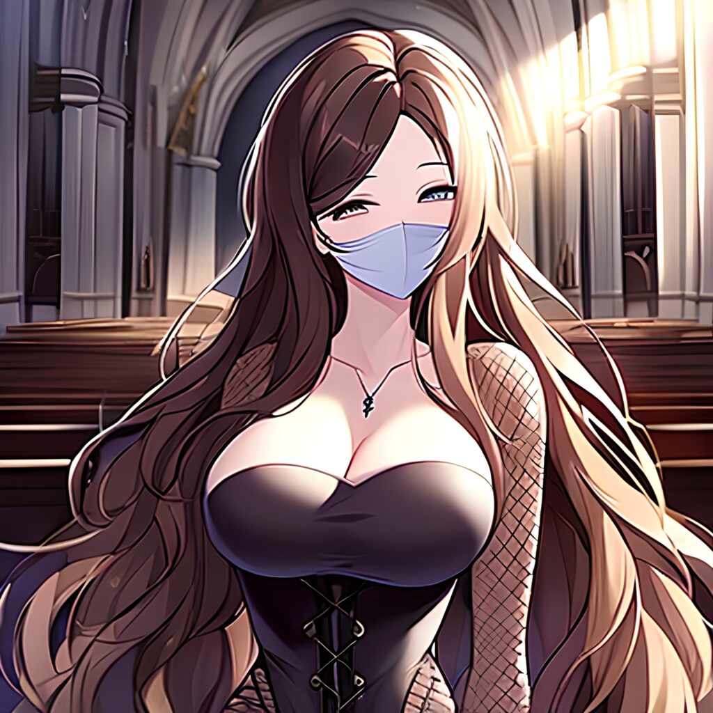 long hair brunette church fishnet messy hair woman